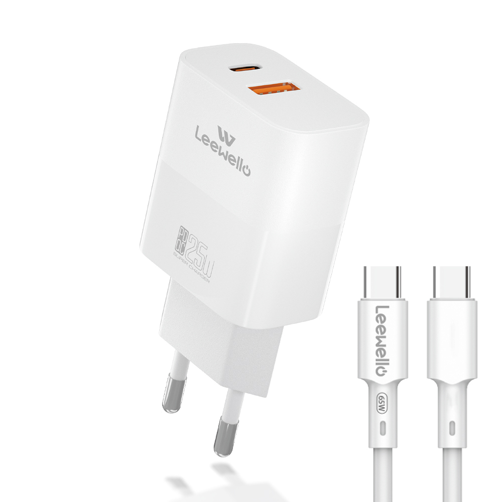 Leewello LW-CDQ20 | Charger with USB-A Port and USB-C Port and Cable USB-C 25W White - Image 1